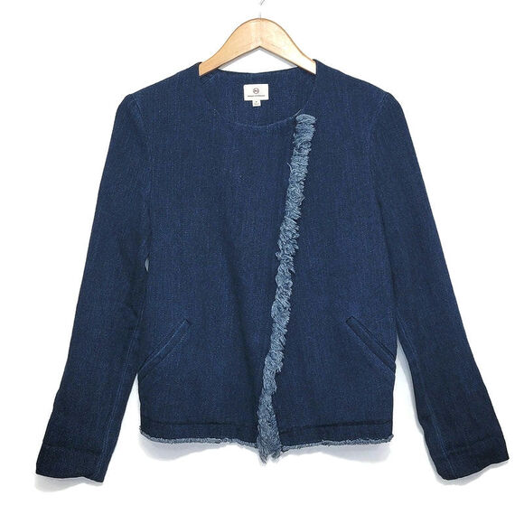 AG Adriano Goldschmied Blue Denim Zip Front Jacket Frayed Trim Casual Chic M - Picture 7 of 16